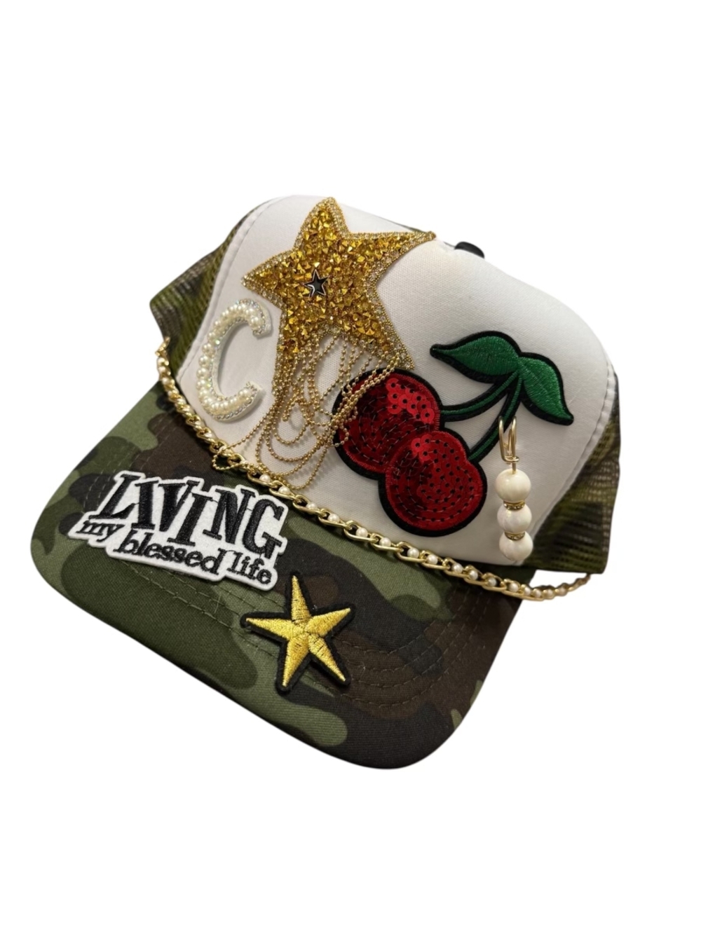One Of One Camouflage Patch & Sequin Baseball Cap - Green